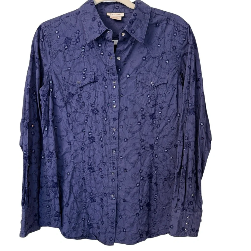 Ariat Women’s Navy Sequin Embroidered Western Pearl Snap Shirt L Cowgirl Sparkle - Picture 2 of 10